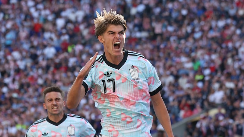 Belgium's Charles De Ketelaere (17) celebrates after scoring his side's opening goal during...