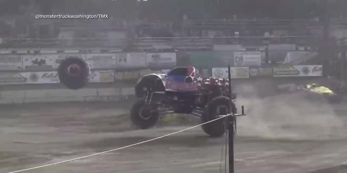 Monster truck tire flies off, bounces out of arena and crushes cars in parking lot