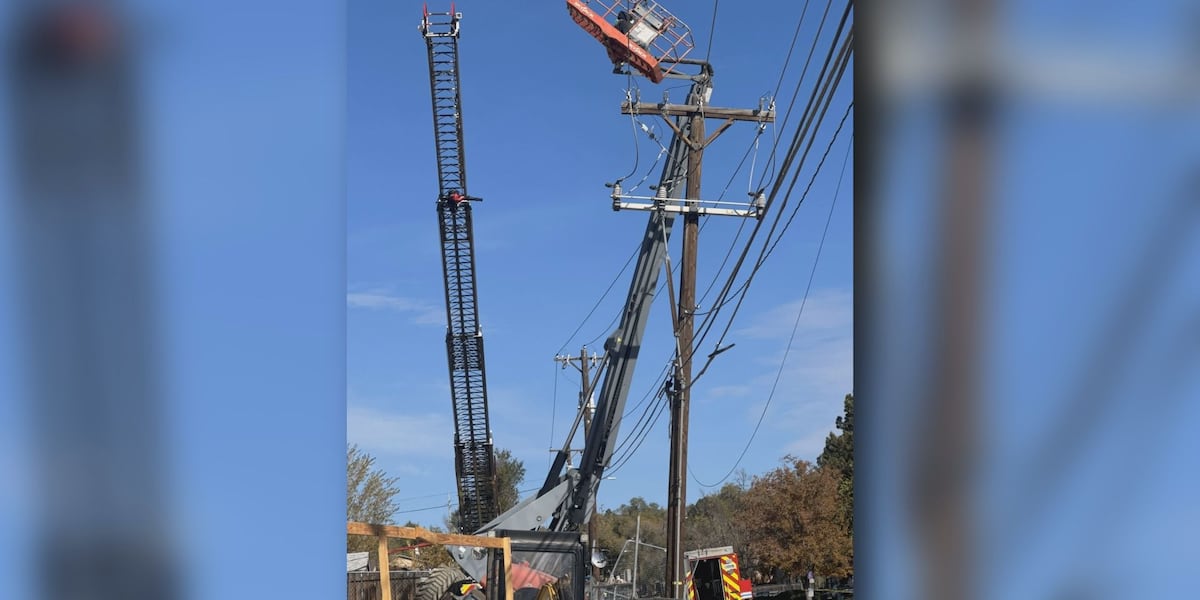 Power Line Jump Boom operator safely down after hitting power line, becoming trapped in ...
