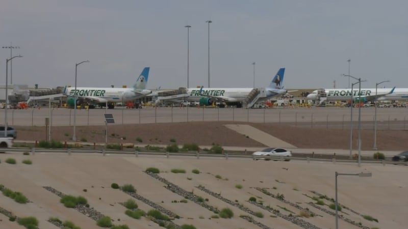 Frontier planes parked at Denver International Airport on July 28, 2025.